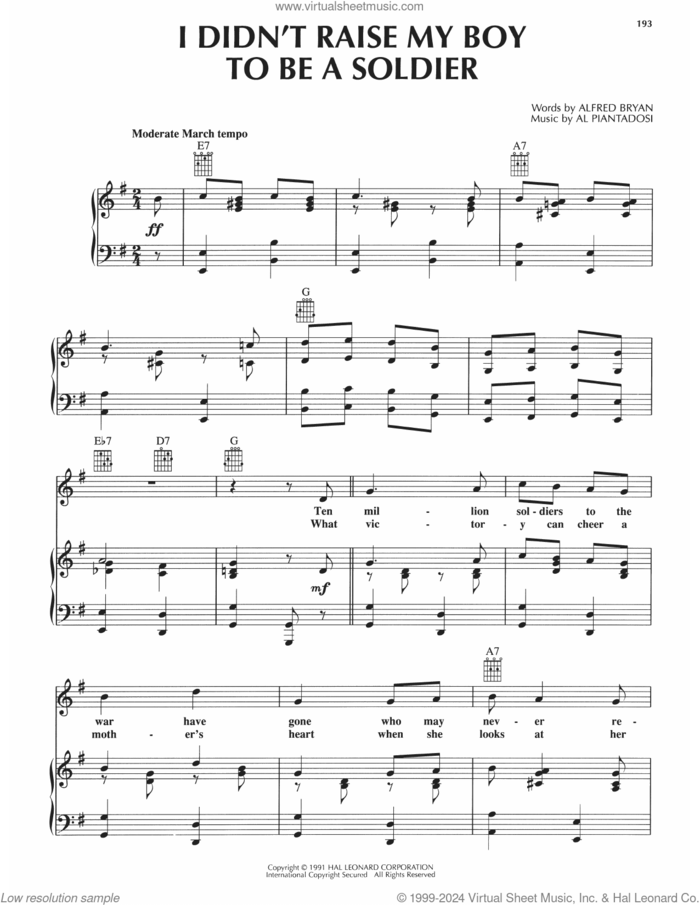 I Didn't Raise My Boy To Be A Soldier sheet music for voice, piano or guitar by Alfred Bryan and Al Piantadosi, intermediate skill level