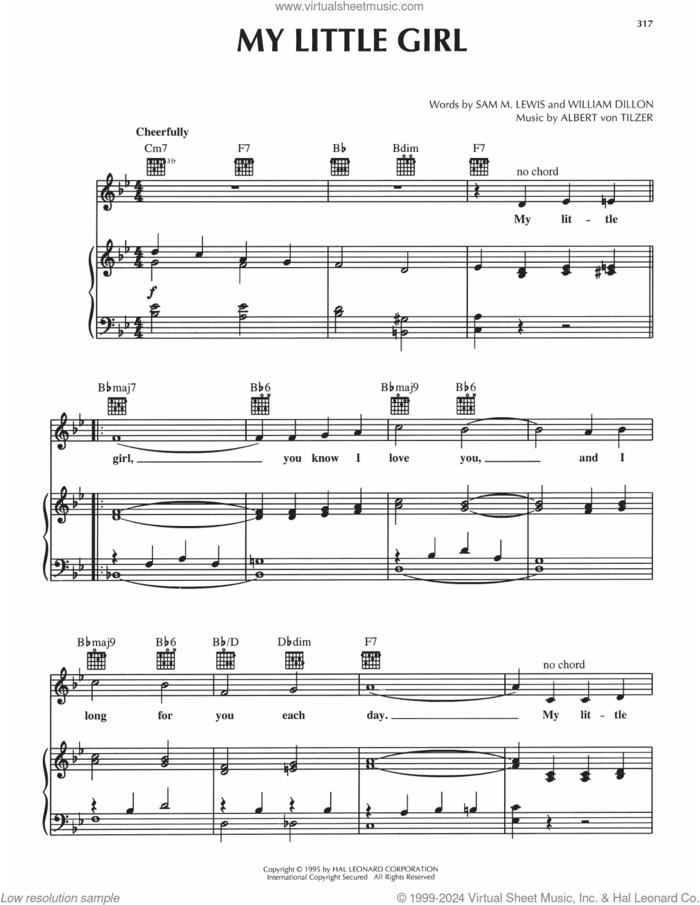 My Little Girl sheet music for voice, piano or guitar by Sam Lewis, Albert von Tilzer and William Dillon, intermediate skill level