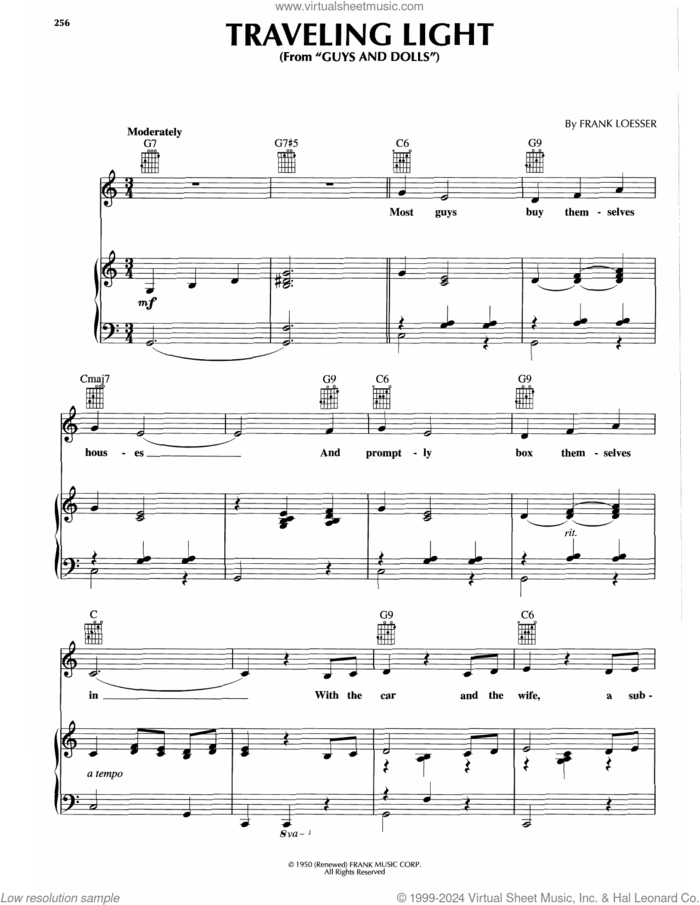 Traveling Light sheet music for voice, piano or guitar by Frank Loesser, intermediate skill level