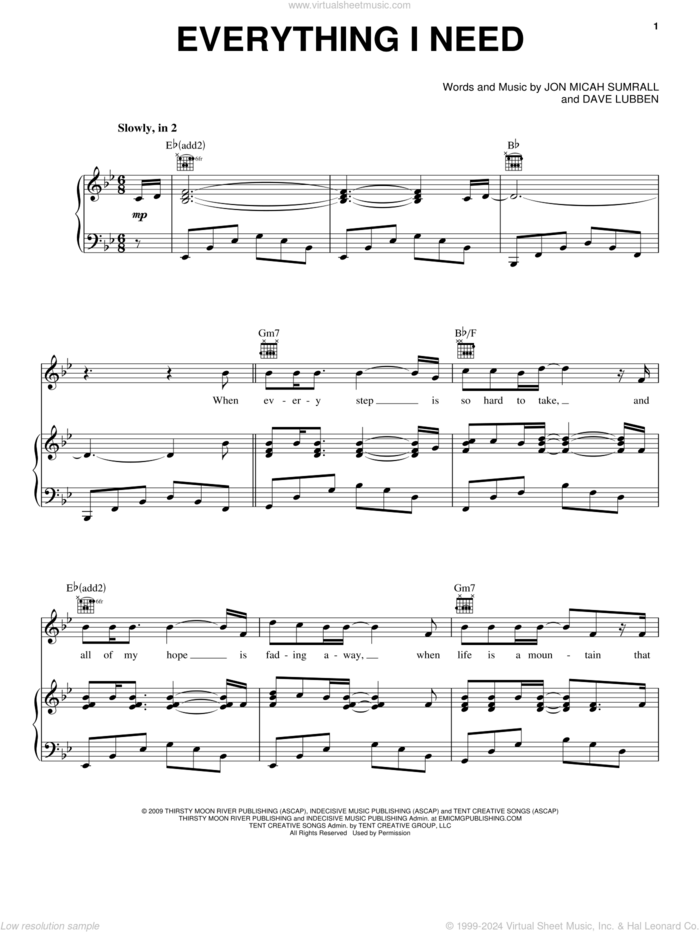 Everything I Need sheet music for voice, piano or guitar by Kutless, Dave Lubben and Jon Micah Sumrall, intermediate skill level