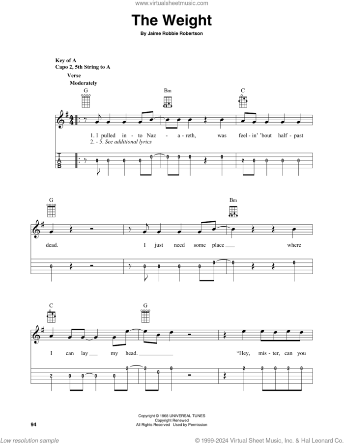 The Weight (arr. Fred Sokolow) sheet music for banjo solo by The Band, Fred Sokolow and Robbie Robertson, intermediate skill level