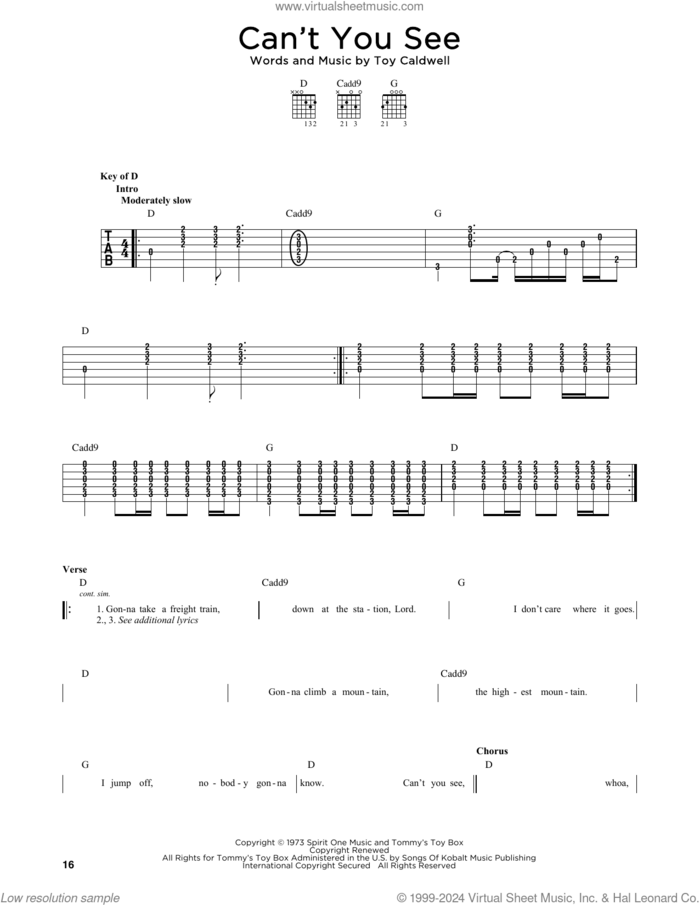 Can't You See sheet music for guitar solo by Marshall Tucker Band and Toy Caldwell, intermediate skill level