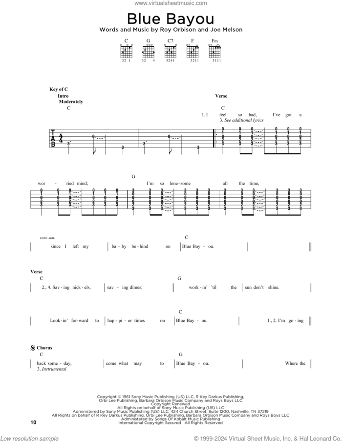 Blue Bayou sheet music for guitar solo by Linda Ronstadt, Joe Melson and Roy Orbison, intermediate skill level