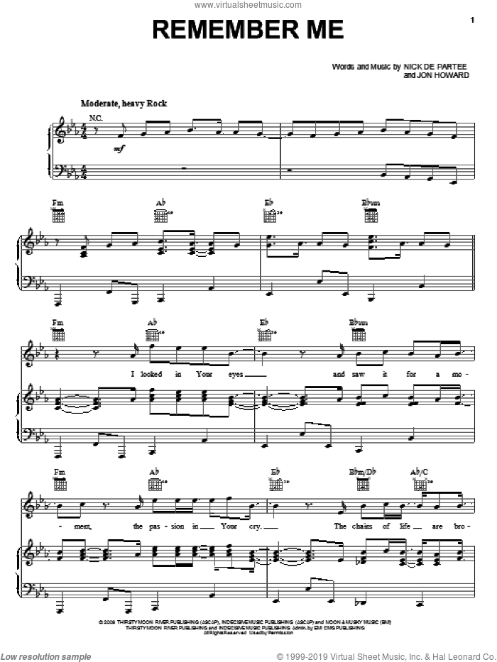Remember Me sheet music for voice, piano or guitar by Kutless, Jon Howard and Nick De Partee, intermediate skill level