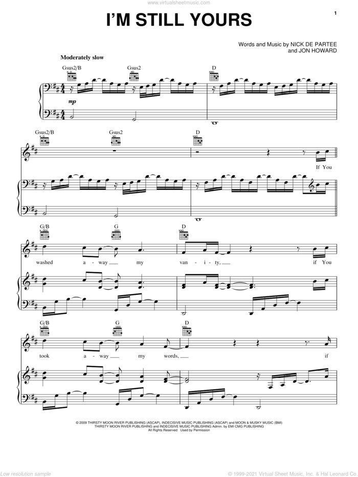 I'm Still Yours sheet music for voice, piano or guitar by Kutless, Jon Howard and Nick De Partee, intermediate skill level