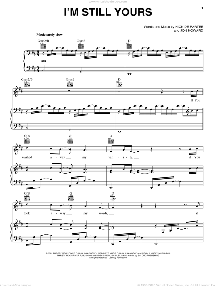 I'm Still Yours sheet music for voice, piano or guitar by Kutless, Jon Howard and Nick De Partee, intermediate skill level