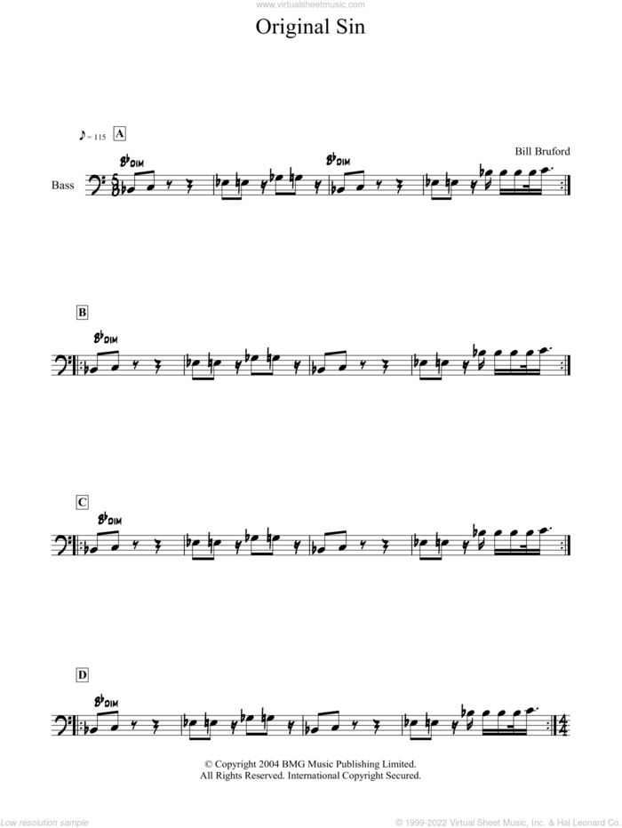 Original Sin sheet music for bass solo by Bill Bruford, intermediate skill level