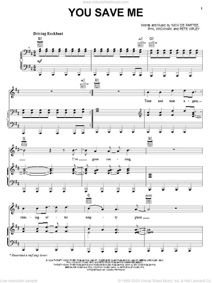 You Save Me sheet music for voice, piano or guitar by Kutless, Nick De Partee, Pete Kipley and Phil Wickham, intermediate skill level