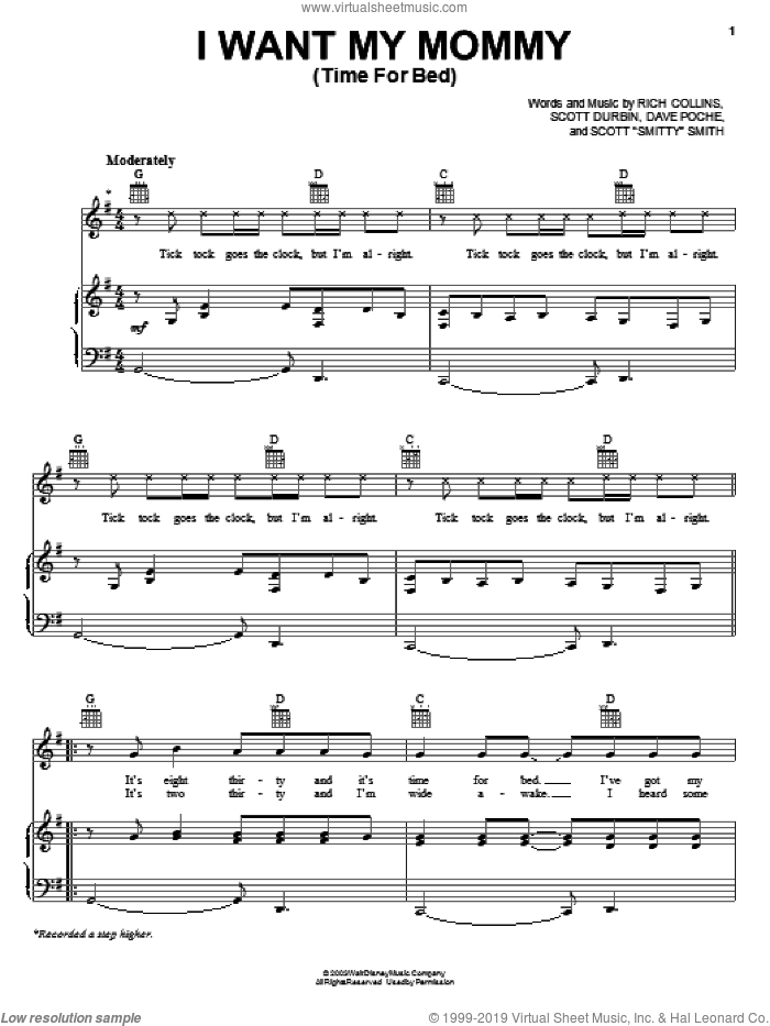 I Want My Mommy (Time For Bed) sheet music for voice, piano or guitar by Imagination Movers, Dave Poche, Rich Collins, Scott 'Smitty' Smith and Scott Durbin, intermediate skill level