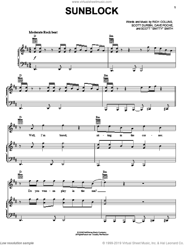 Sunblock sheet music for voice, piano or guitar by Imagination Movers, Dave Poche, Rich Collins, Scott 'Smitty' Smith and Scott Durbin, intermediate skill level