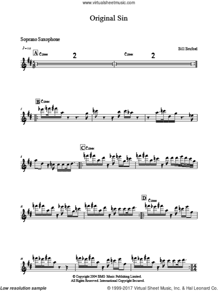 Original Sin sheet music for soprano saxophone solo by Bill Bruford, intermediate skill level