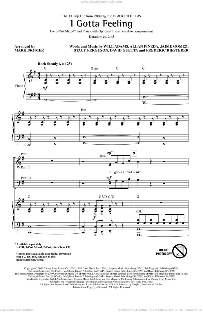 I Gotta Feeling (arr. Mark Brymer) sheet music for choir (3-Part Mixed) by Will Adams, Allan Pineda, David Guetta, Frederic Riesterer, Jaime Gomez, Stacy Ferguson, Black Eyed Peas and Mark Brymer, intermediate skill level