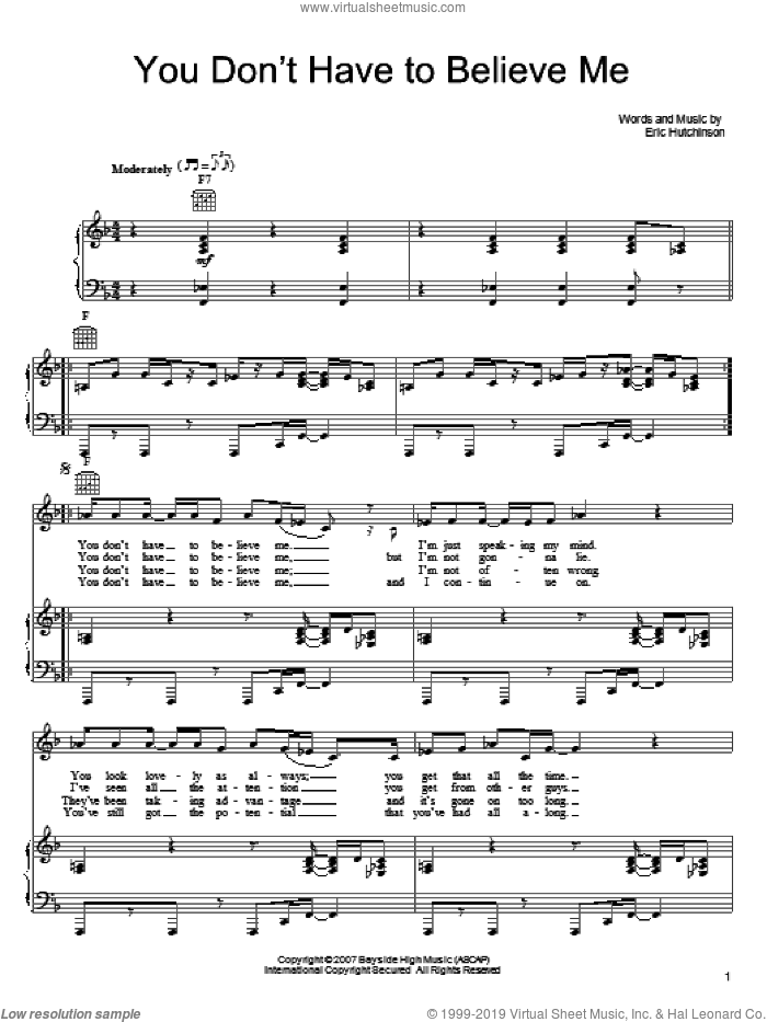 You Don't Have To Believe Me sheet music for voice, piano or guitar by Eric Hutchinson, intermediate skill level