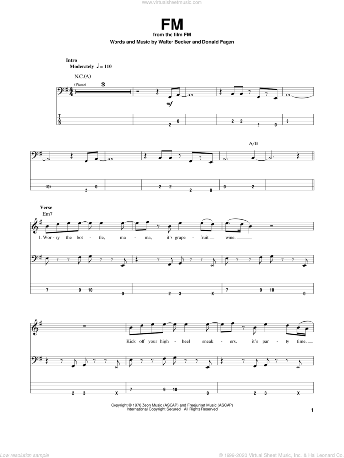 FM sheet music for bass (tablature) (bass guitar) by Steely Dan, Donald Fagen and Walter Becker, intermediate skill level