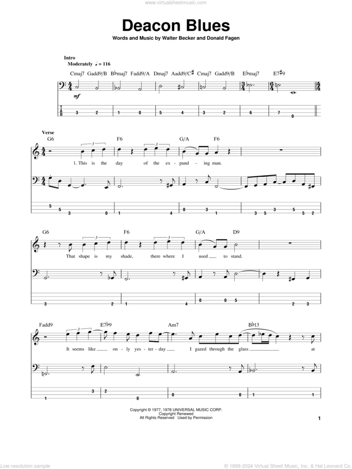 Deacon Blues sheet music for bass (tablature) (bass guitar) by Steely Dan, Donald Fagen and Walter Becker, intermediate skill level