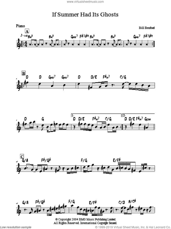 If Summer Had Its Ghosts sheet music for piano solo by Bill Bruford, intermediate skill level