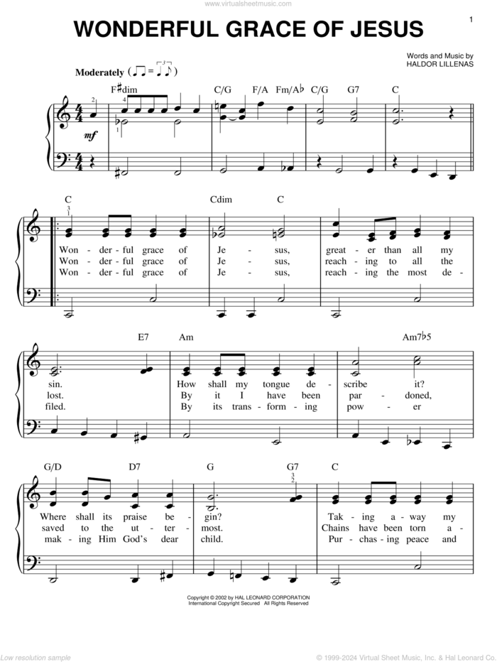 Wonderful Grace Of Jesus sheet music for piano solo by Haldor Lillenas, easy skill level