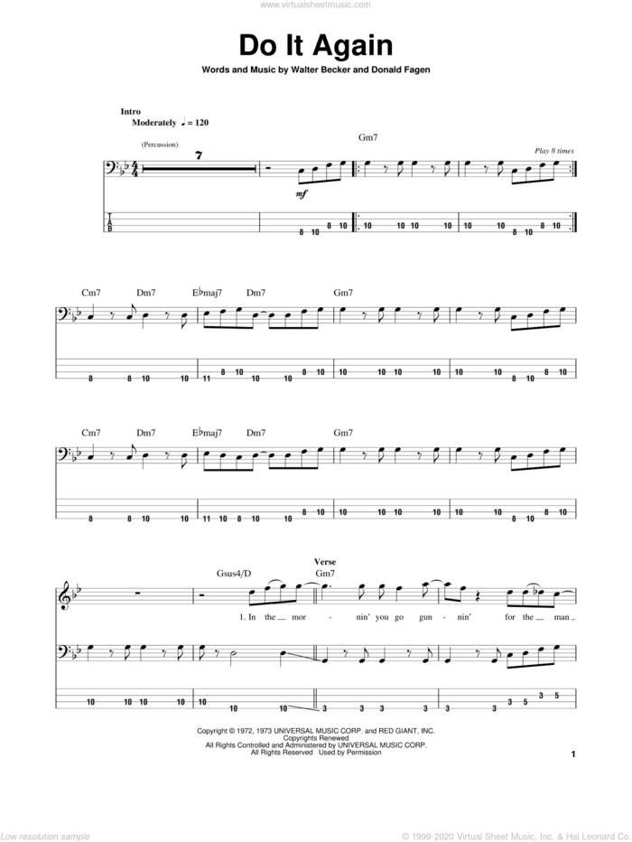 Do It Again sheet music for bass (tablature) (bass guitar) by Steely Dan, Donald Fagen and Walter Becker, intermediate skill level