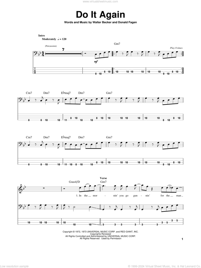 Do It Again sheet music for bass (tablature) (bass guitar) by Steely Dan, Donald Fagen and Walter Becker, intermediate skill level