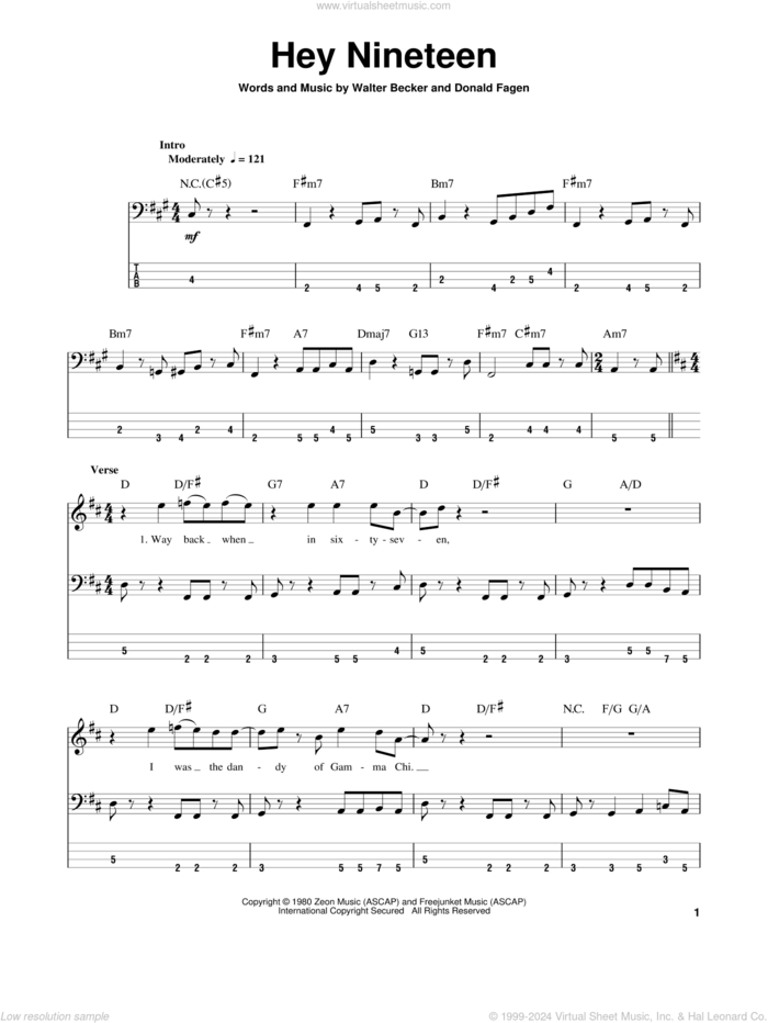 Hey Nineteen sheet music for bass (tablature) (bass guitar) by Steely Dan, Donald Fagen and Walter Becker, intermediate skill level