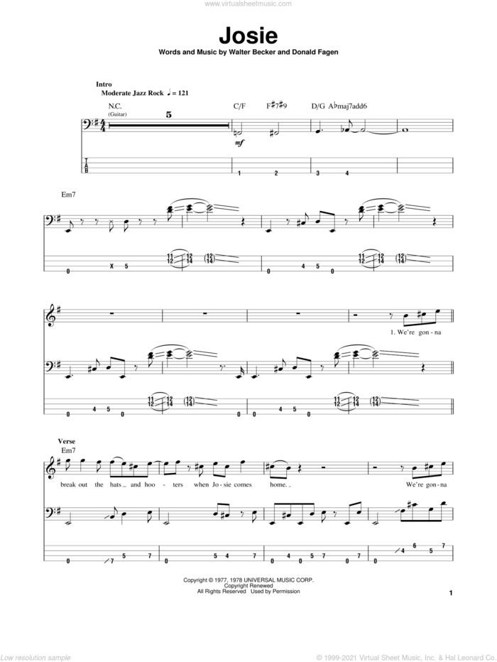 Josie sheet music for bass (tablature) (bass guitar) by Steely Dan, Donald Fagen and Walter Becker, intermediate skill level