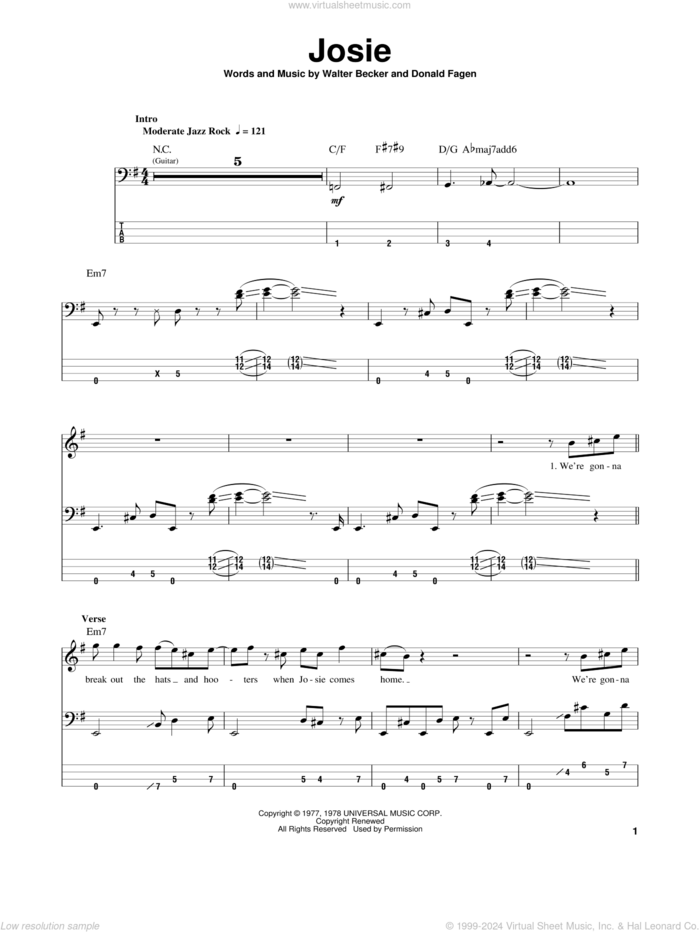 Josie sheet music for bass (tablature) (bass guitar) by Steely Dan, Donald Fagen and Walter Becker, intermediate skill level