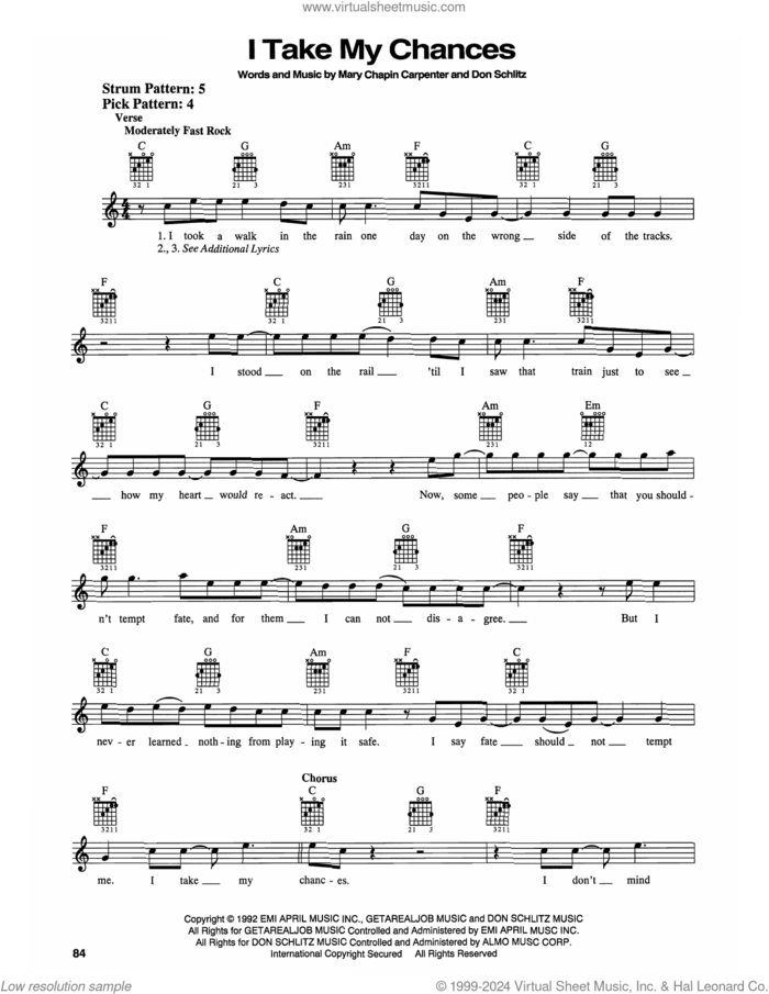 I Take My Chances sheet music for guitar solo (chords) by Mary Chapin Carpenter and Don Schlitz, easy guitar (chords)