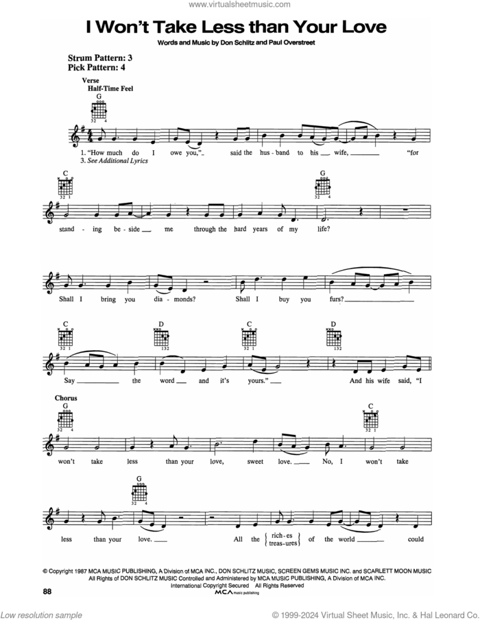 I Won't Take Less Than Your Love sheet music for guitar solo (chords) by Tanya Tucker, Don Schlitz and Paul Overstreet, easy guitar (chords)