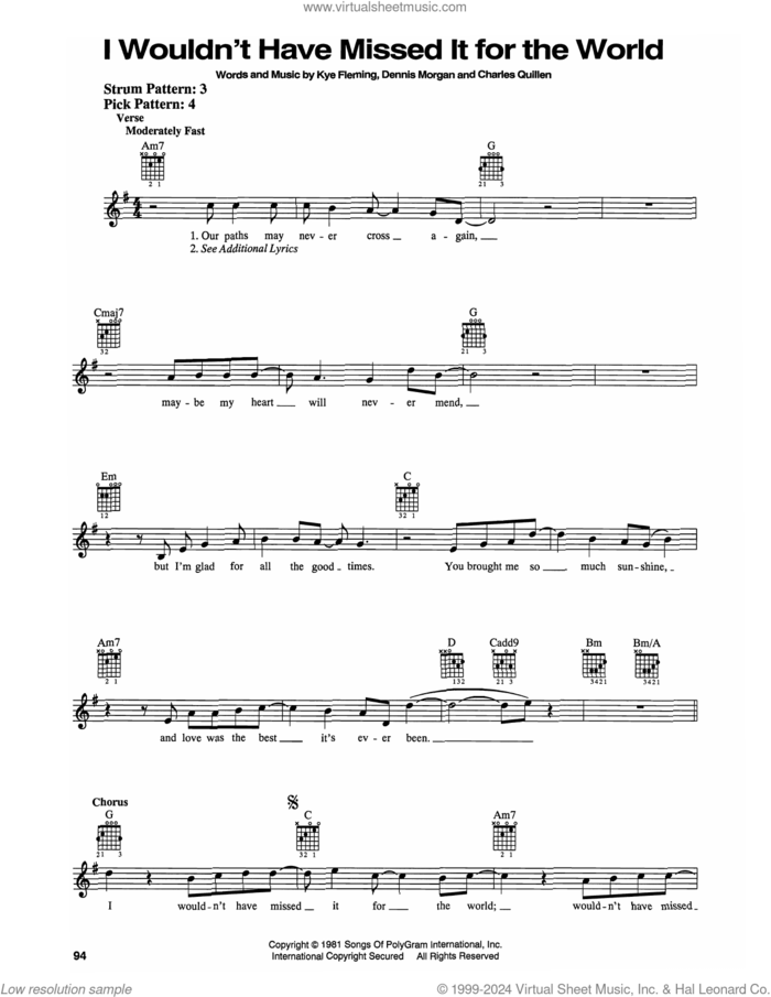 I Wouldn't Have Missed It For The World sheet music for guitar solo (chords) by Ronnie Milsap, Charles Quillen, Dennis Morgan and Kye Fleming, easy guitar (chords)