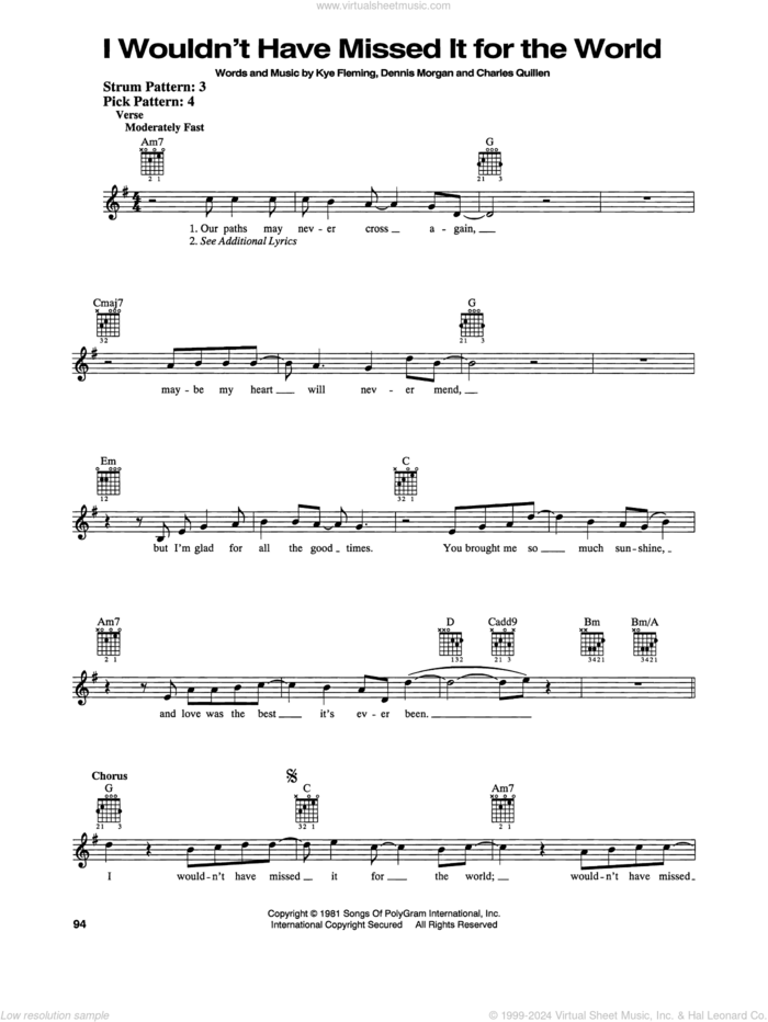 I Wouldn't Have Missed It For The World sheet music for guitar solo (chords) by Ronnie Milsap, Charles Quillen, Dennis Morgan and Kye Fleming, easy guitar (chords)