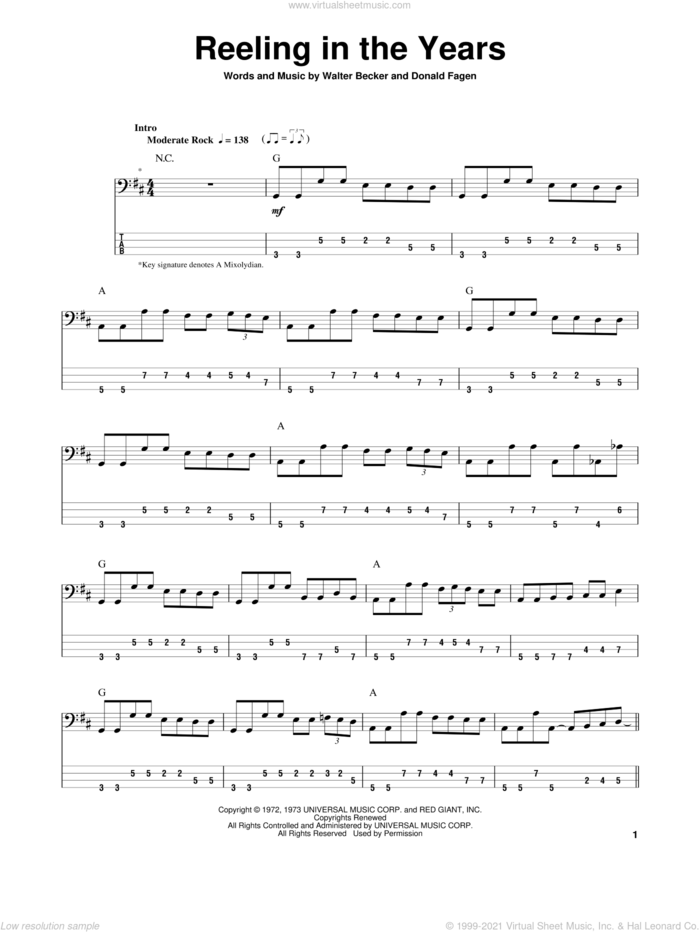 Reeling In The Years sheet music for bass (tablature) (bass guitar) by Steely Dan, Donald Fagen and Walter Becker, intermediate skill level