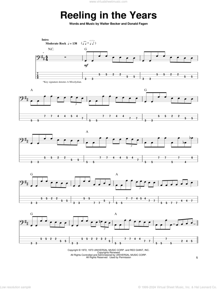 Reeling In The Years sheet music for bass (tablature) (bass guitar) by Steely Dan, Donald Fagen and Walter Becker, intermediate skill level