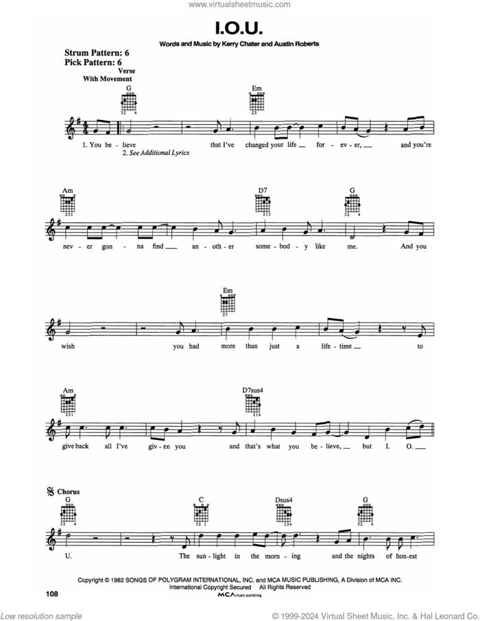 I.O.U. sheet music for guitar solo (chords) by Lee Greenwood, Austin Roberts and Kerry Chater, easy guitar (chords)