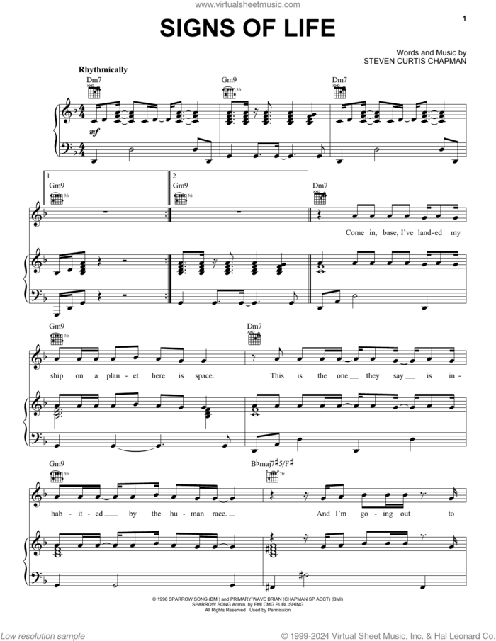 Signs Of Life sheet music for voice, piano or guitar by Steven Curtis Chapman, intermediate skill level