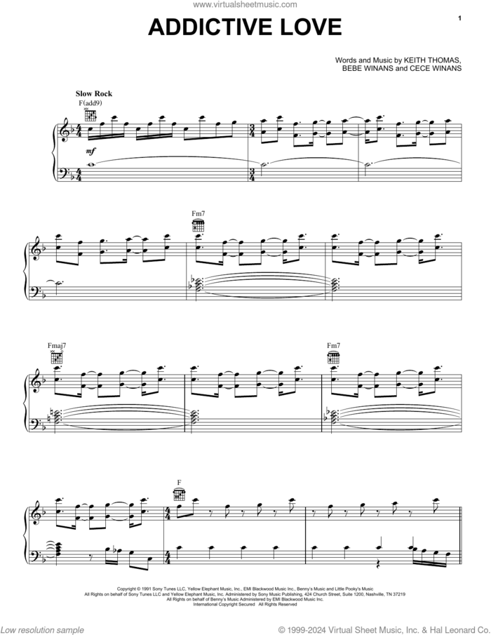 Addictive Love sheet music for voice, piano or guitar by BeBe and CeCe Winans, BeBe Winans, CeCe Winans and Keith Thomas, intermediate skill level