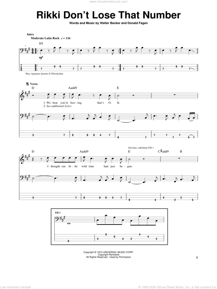 Rikki Don't Lose That Number sheet music for bass (tablature) (bass guitar) by Steely Dan, Donald Fagen and Walter Becker, intermediate skill level