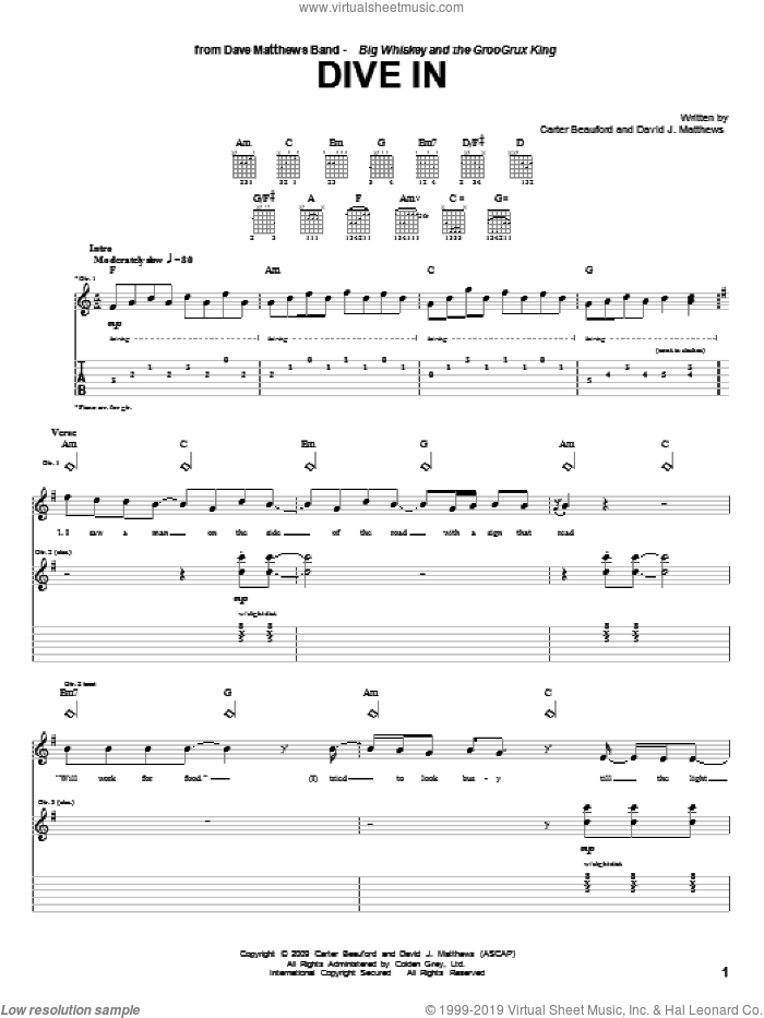 Dive In sheet music for guitar (tablature) by Dave Matthews Band and Carter Beauford, intermediate skill level