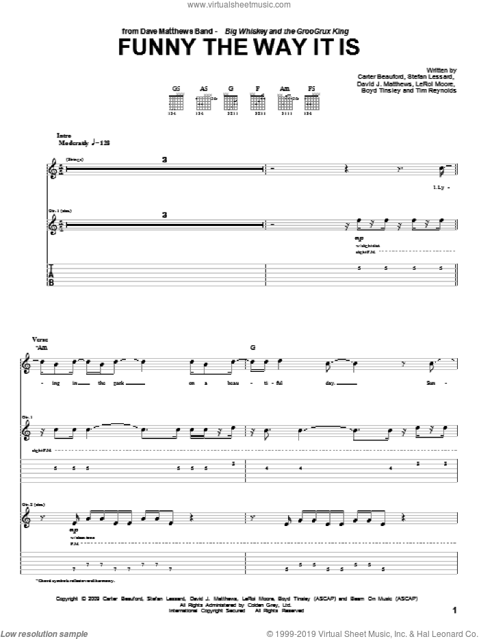 Funny The Way It Is sheet music for guitar (tablature) by Dave Matthews Band, Boyd Tinsley, Carter Beauford, Leroi Moore, Stefan Lessard and Tim Reynolds, intermediate skill level