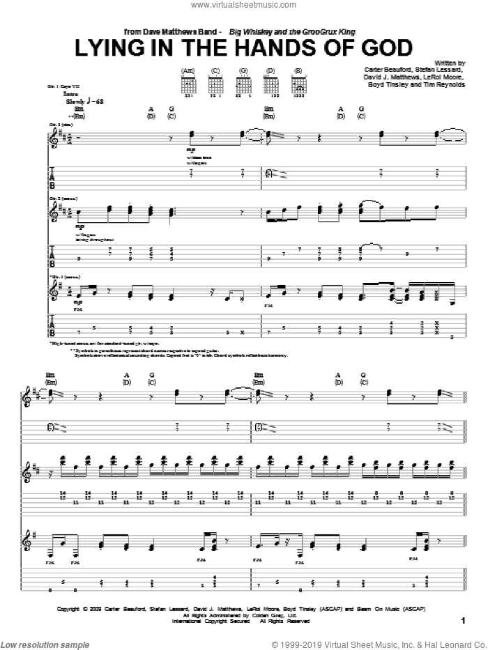Lying In The Hands Of God sheet music for guitar (tablature) by Dave Matthews Band, Boyd Tinsley, Carter Beauford, Leroi Moore, Stefan Lessard and Tim Reynolds, intermediate skill level
