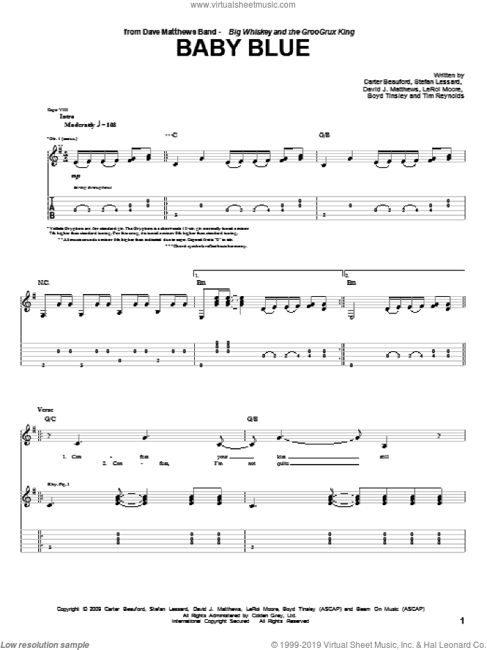 Baby Blue sheet music for guitar (tablature) by Dave Matthews Band, Boyd Tinsley, Carter Beauford, Leroi Moore, Stefan Lessard and Tim Reynolds, intermediate skill level