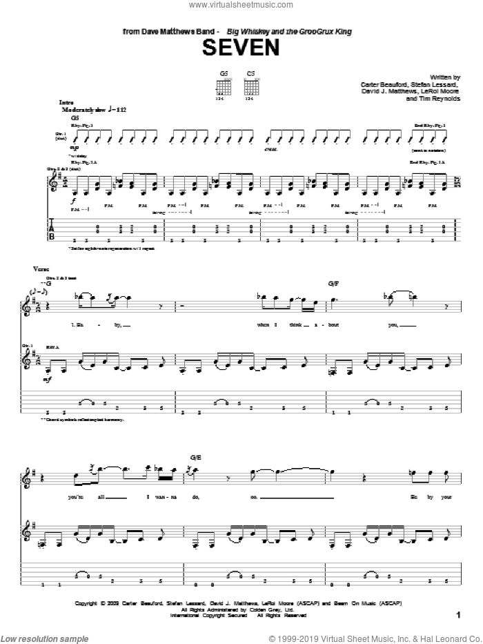 Seven sheet music for guitar (tablature) by Dave Matthews Band, Carter Beauford, Leroi Moore, Stefan Lessard and Tim Reynolds, intermediate skill level