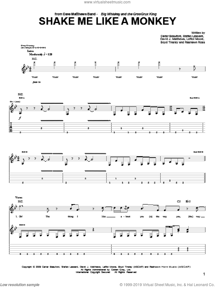Shake Me Like A Monkey sheet music for guitar (tablature) by Dave Matthews Band, Boyd Tinsley, Carter Beauford, Leroi Moore, Rashawn Ross and Stefan Lessard, intermediate skill level