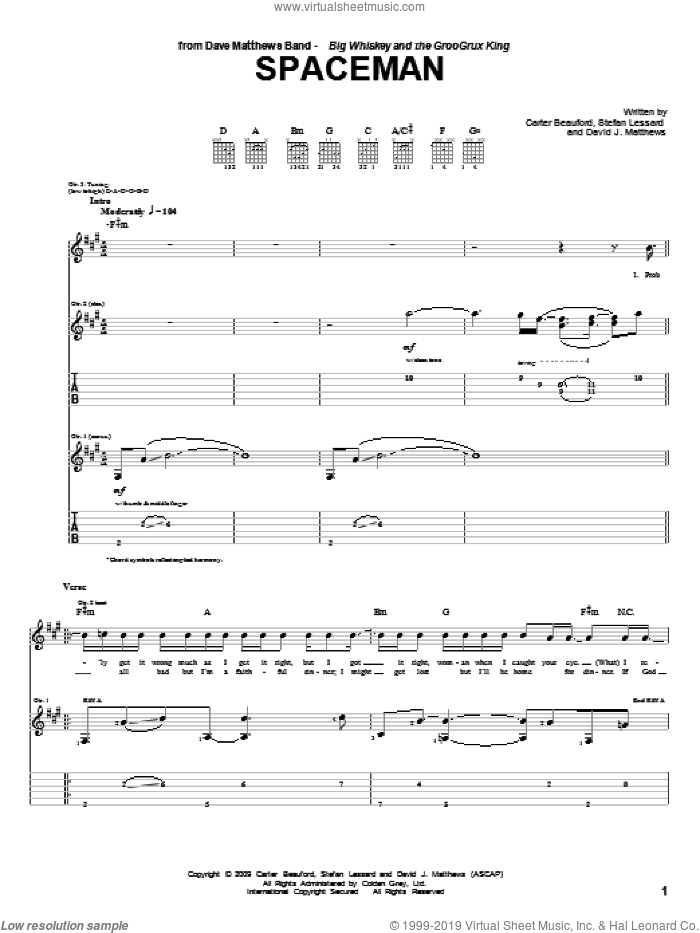 Spaceman sheet music for guitar (tablature) by Dave Matthews Band, Carter Beauford and Stefan Lessard, intermediate skill level