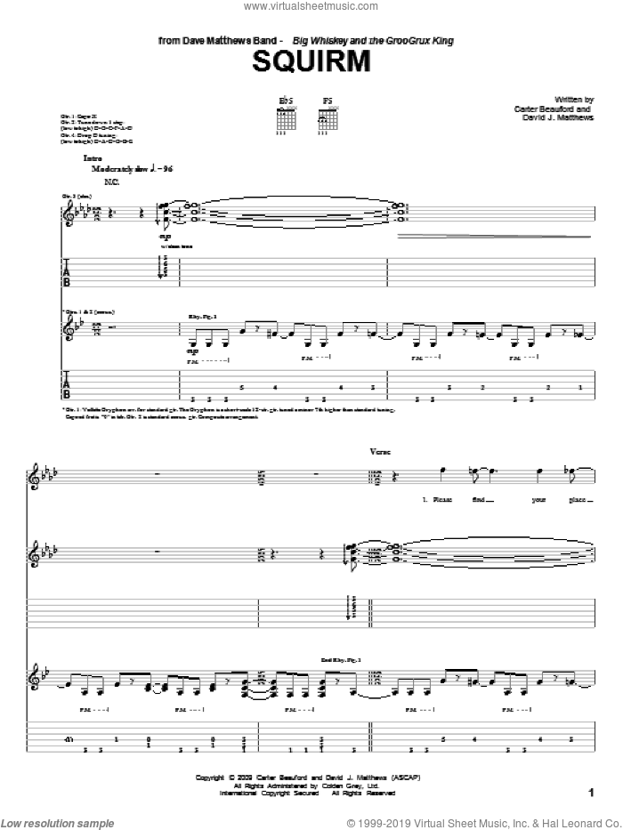Squirm sheet music for guitar (tablature) by Dave Matthews Band and Carter Beauford, intermediate skill level
