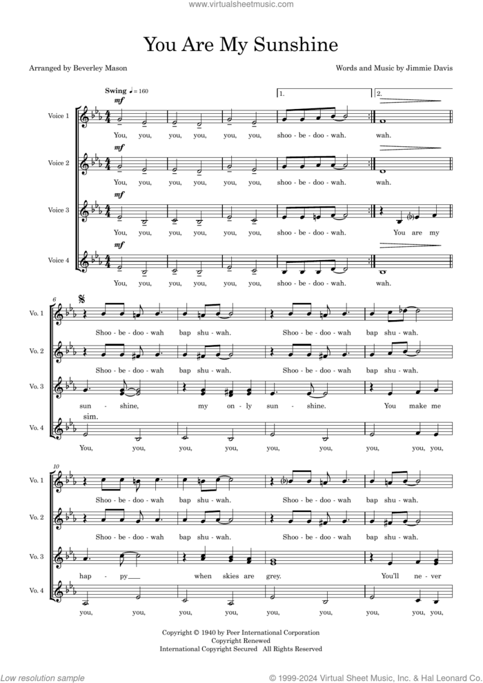 You Are My Sunshine (arr. Beverley Mason) sheet music for choir (SSAA: soprano, alto) by Johnny Cash, Beverley Mason, Jimmie Davis and Jimmy Davis and Charles Mitchell, intermediate skill level