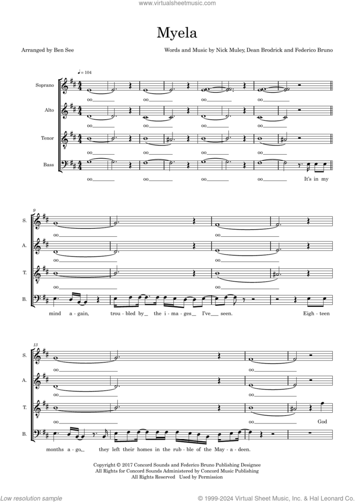 Myela (arr. Ben See) sheet music for choir (SATB: soprano, alto, tenor, bass) by Nick Mulvey, Ben See, Dean Brodrick and Federico Bruno, intermediate skill level