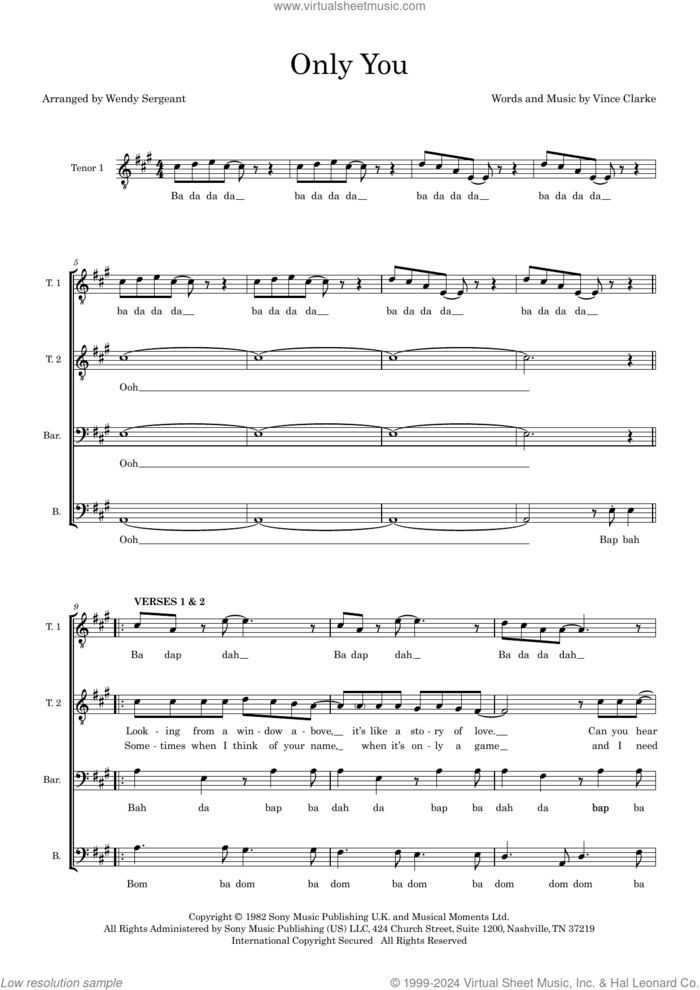Only You (arr. Wendy Sergeant) sheet music for choir (TTBB: tenor, bass) by Yazoo, Wendy Sergeant and Vince Clarke, intermediate skill level