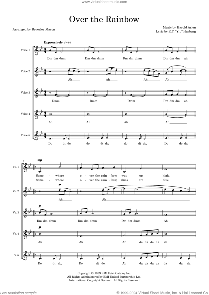 Over The Rainbow (arr. Beverley Mason) sheet music for choir (SSAAA) by Judy Garland, Beverley Mason, E.Y. Harburg and Harold Arlen, intermediate skill level