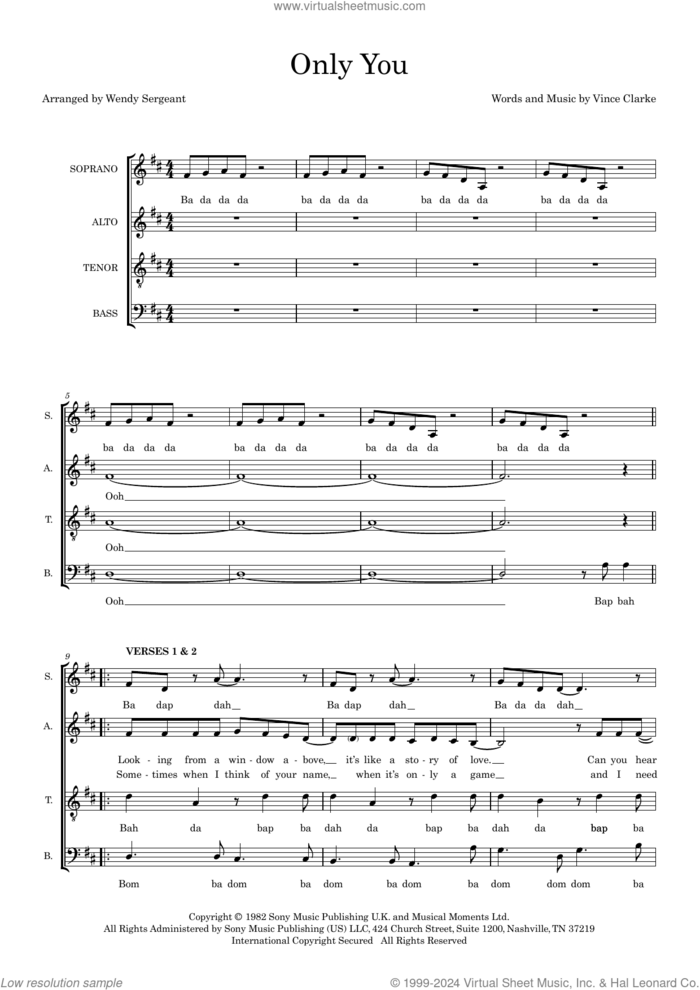 Only You (arr. Wendy Sergeant) sheet music for choir (SATB: soprano, alto, tenor, bass) by Yazoo, Wendy Sergeant and Vince Clarke, intermediate skill level