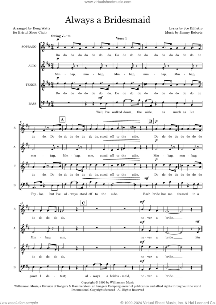 Always a Bridesmaid (arr. Doug Watts) sheet music for choir (SATB: soprano, alto, tenor, bass) by Joe DiPietro & Jimmy Roberts, Doug Watts, Jimmy Roberts and Joe DiPietro, intermediate skill level